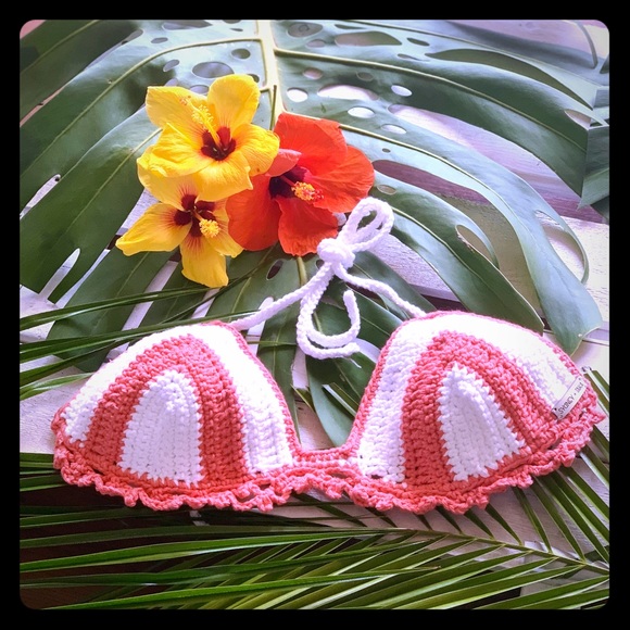 SYDNEY + TAKA Tops - Boho-Chic Coral & White Crochet Bikini Top